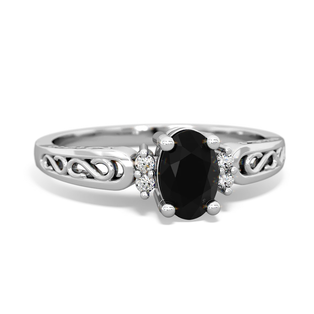 Onyx Filligree Scroll Oval 14K White Gold ring R0812