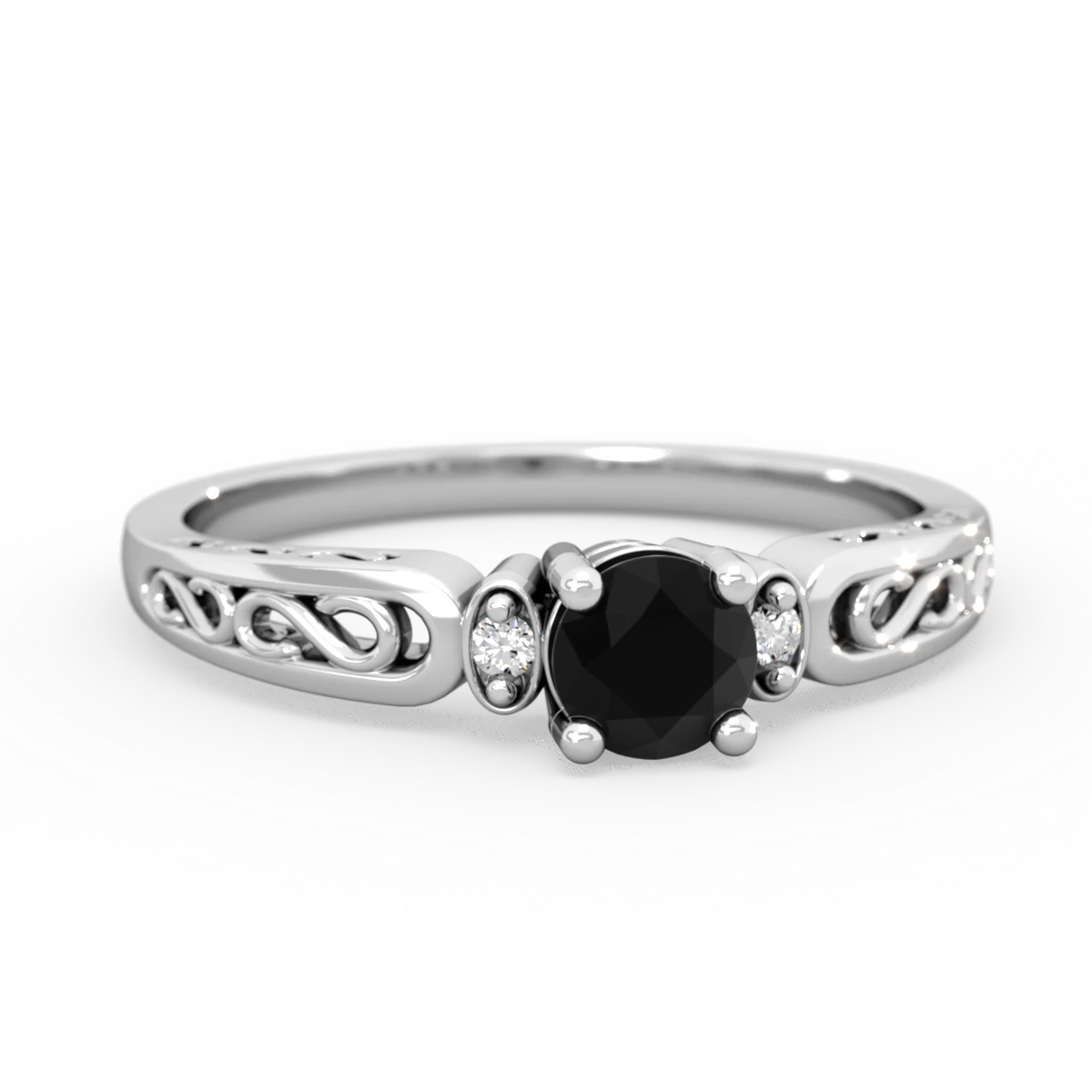 Onyx Filligree Scroll Round 14K White Gold ring R0829