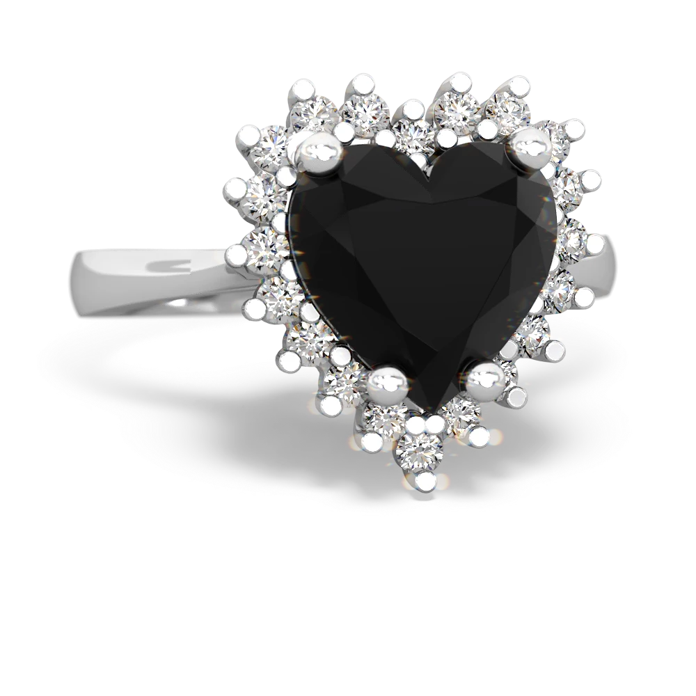 Onyx Sparkling Halo Heart 14K White Gold ring R0391