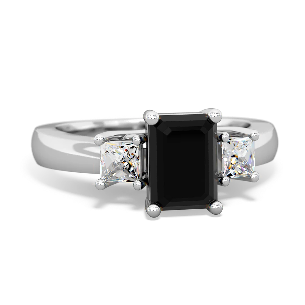 Onyx Diamond Three Stone Emerald-Cut Trellis 14K White Gold ring R4021