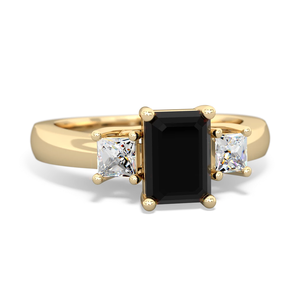 Onyx Diamond Three Stone Emerald-Cut Trellis 14K Yellow Gold ring R4021