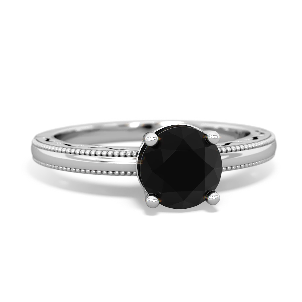 Onyx Milgrain Filigree 14K White Gold ring R5090