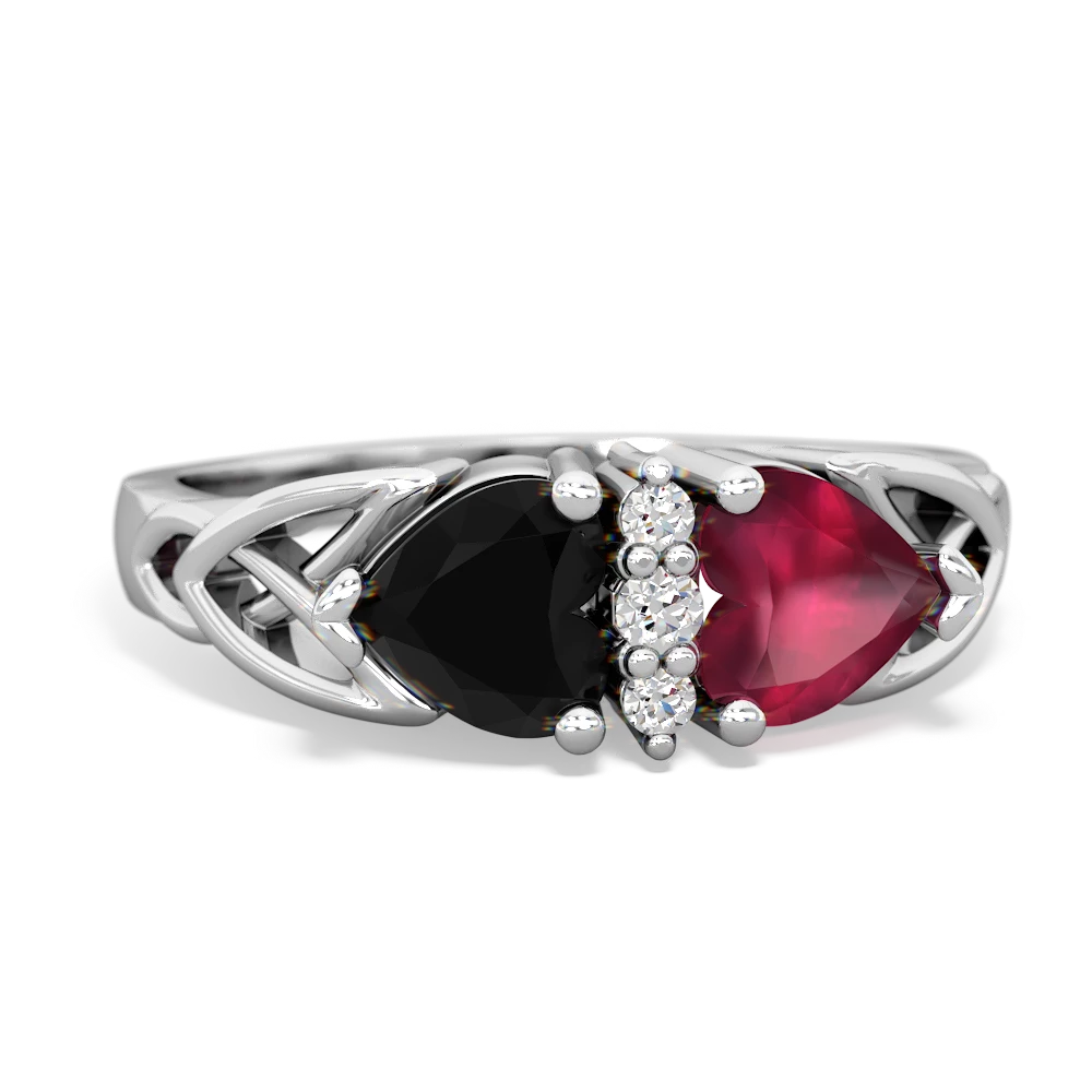 Onyx Celtic Knot Double Heart 14K White Gold ring R5040