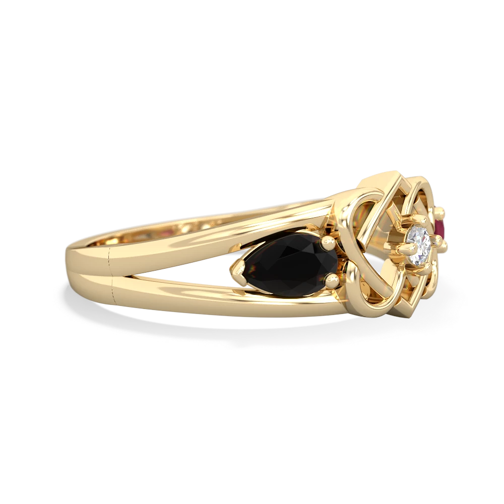 Onyx Hearts Intertwined 14K Yellow Gold ring R5880