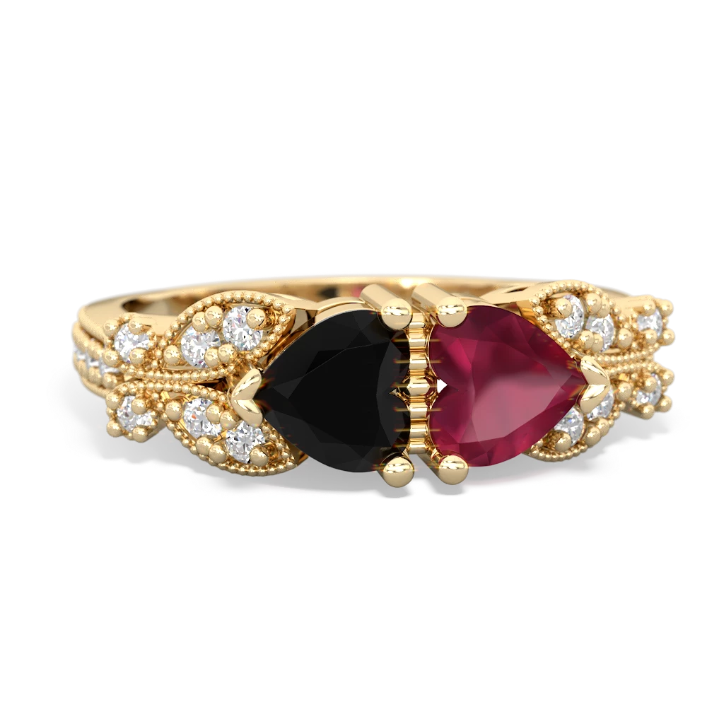 Onyx Diamond Butterflies 14K Yellow Gold ring R5601