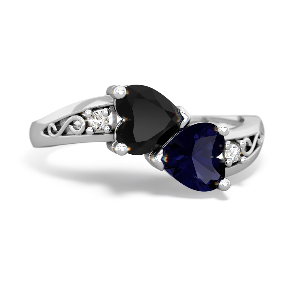 Onyx Snuggling Hearts 14K White Gold ring R2178