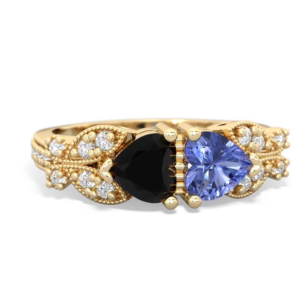 Onyx Diamond Butterflies 14K Yellow Gold ring R5601