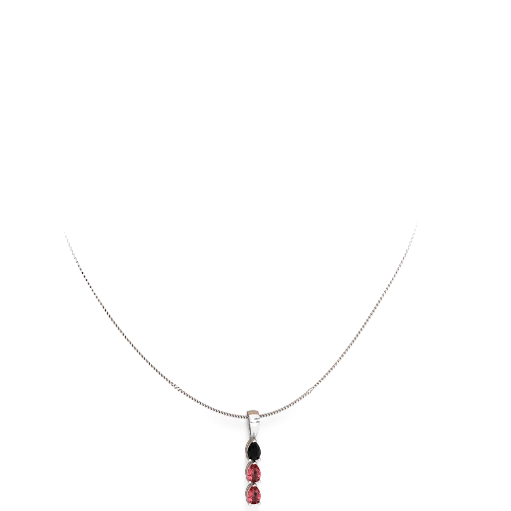 Black Onyx and Pink Tourmaline Three Stone Necklace in 14K White