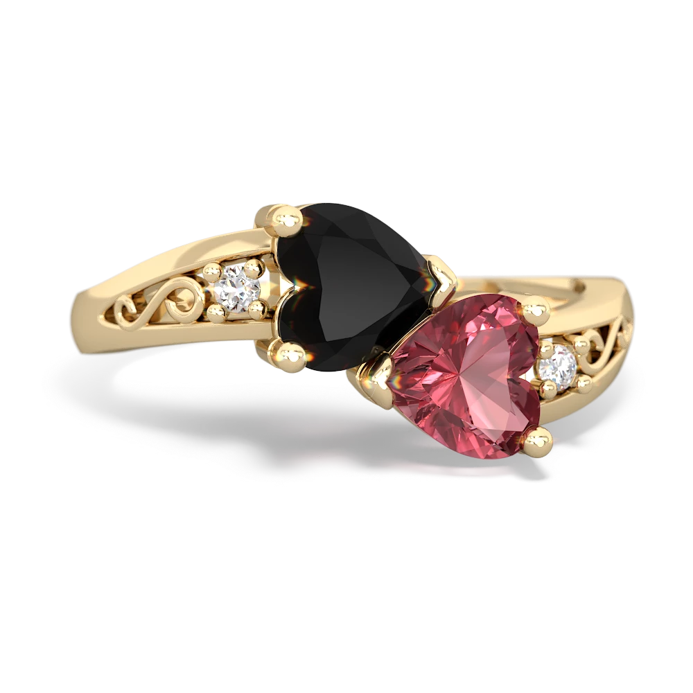 Onyx Snuggling Hearts 14K Yellow Gold ring R2178