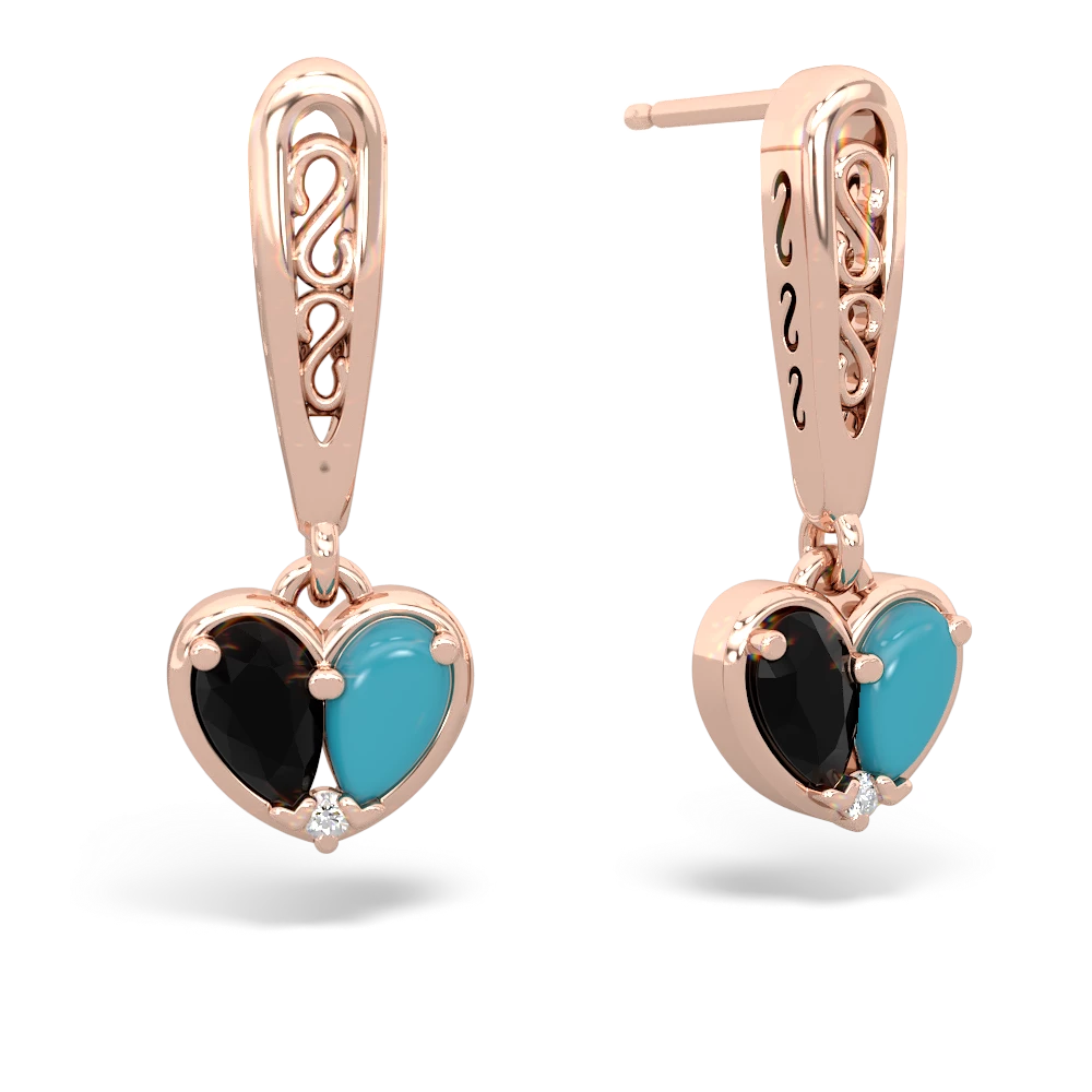 Onyx Filligree Heart 14K Rose Gold earrings E5070