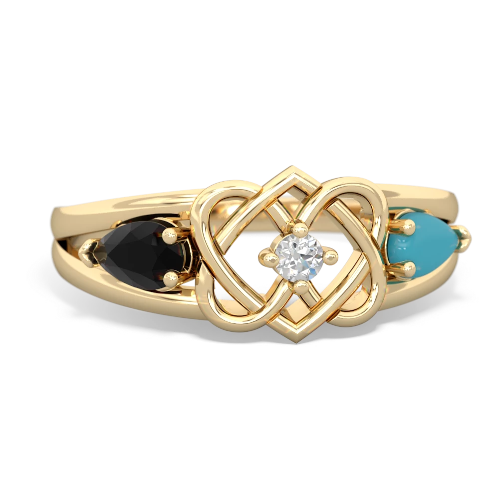 Onyx Hearts Intertwined 14K Yellow Gold ring R5880