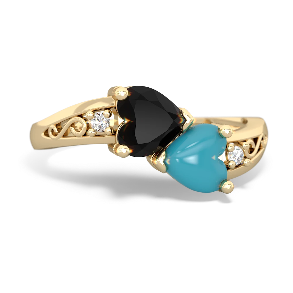 Onyx Snuggling Hearts 14K Yellow Gold ring R2178