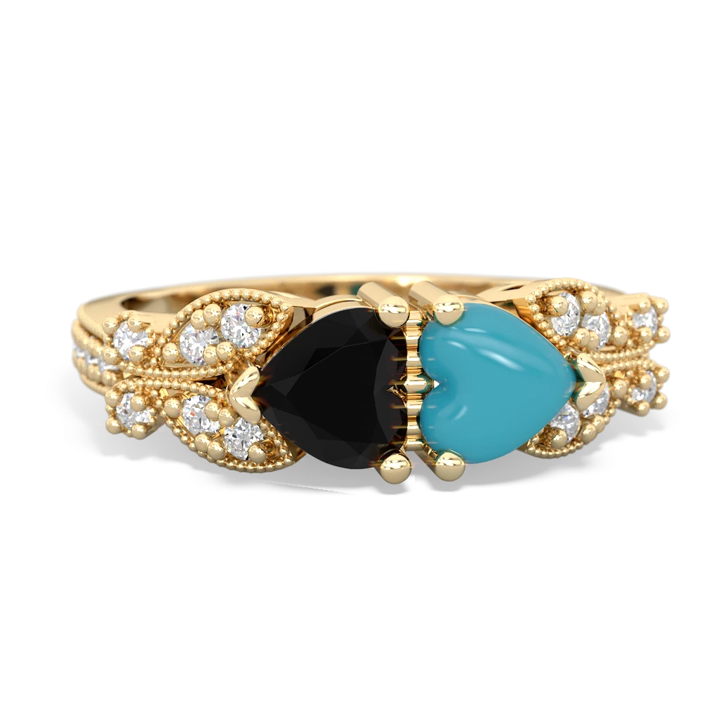 Onyx Diamond Butterflies 14K Yellow Gold ring R5601