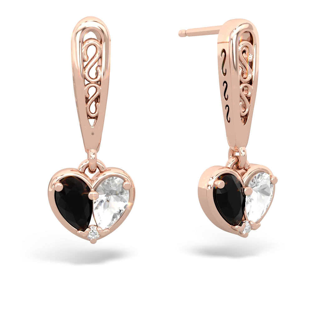 Onyx Filligree Heart 14K Rose Gold earrings E5070