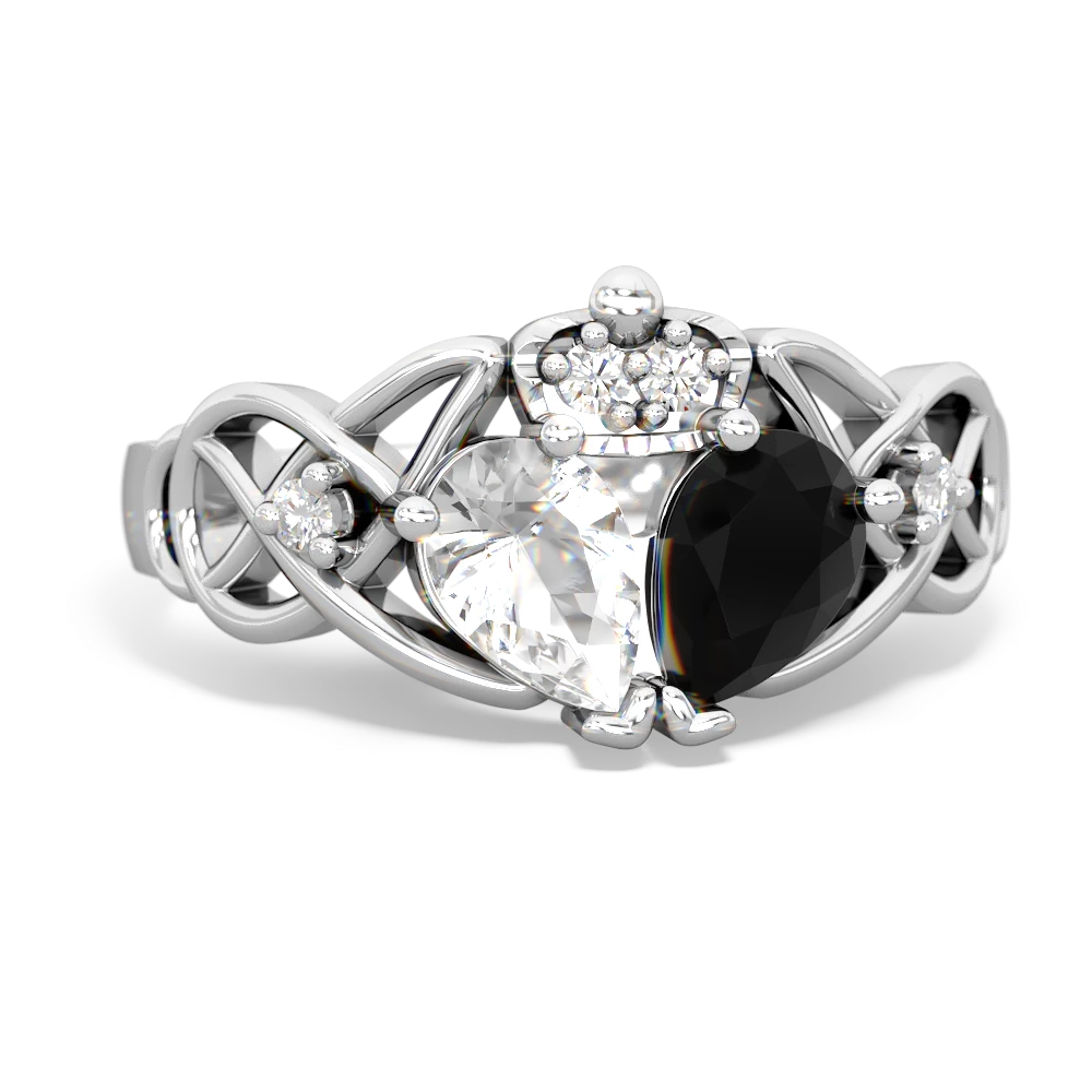 Onyx 'One Heart' Celtic Knot Claddagh 14K White Gold ring R5322