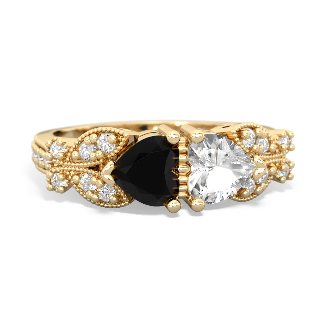 Onyx Diamond Butterflies 14K Yellow Gold ring R5601