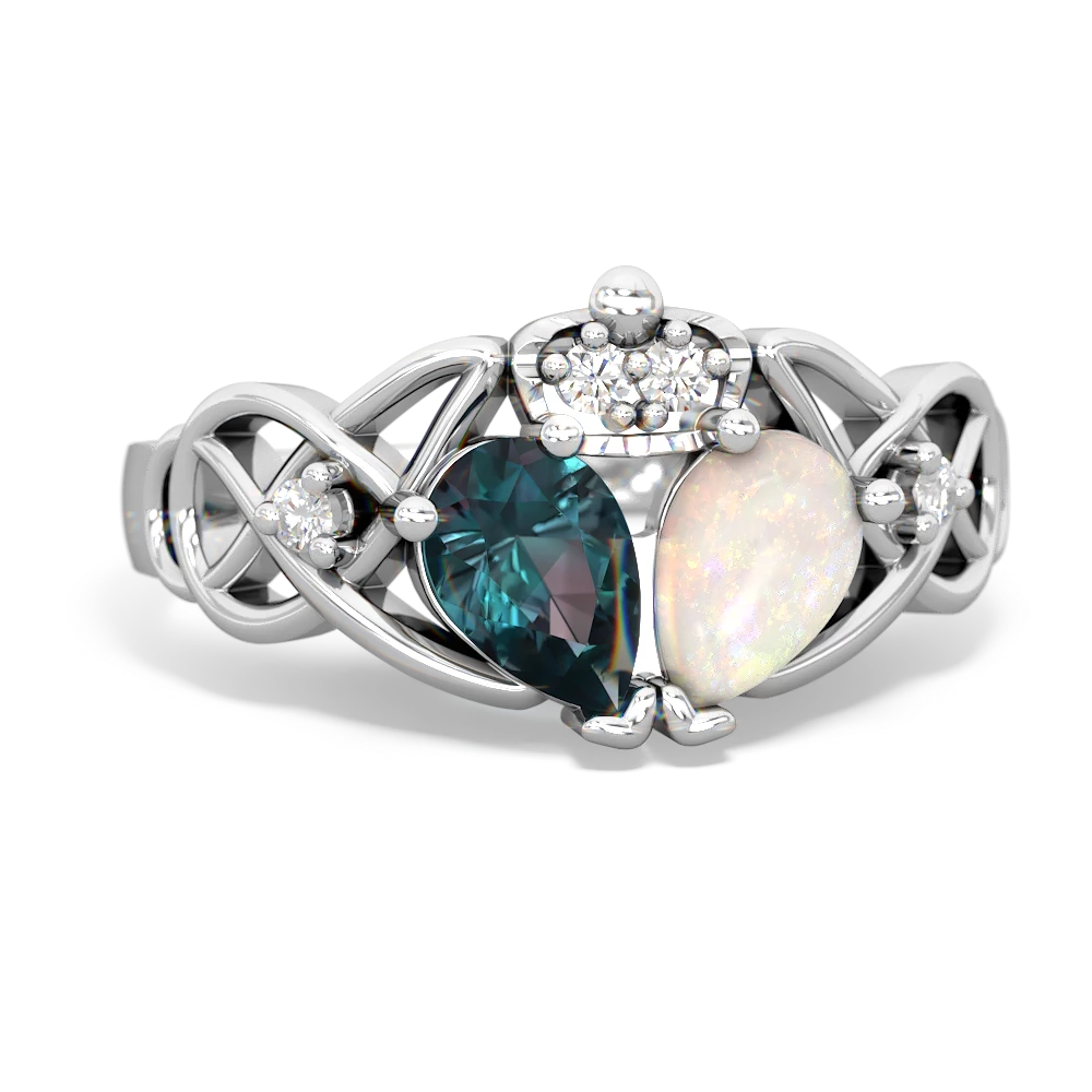 Opal 'One Heart' Celtic Knot Claddagh 14K White Gold ring R5322