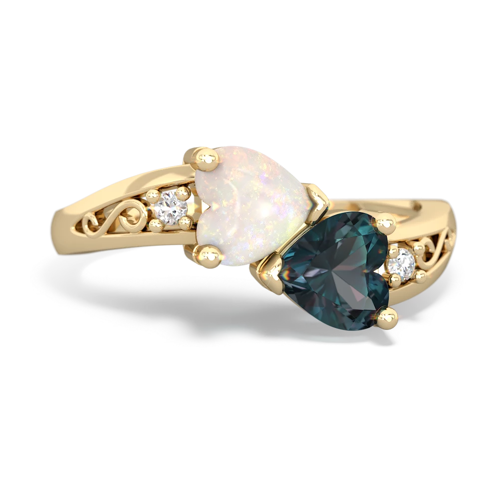 Opal Snuggling Hearts 14K Yellow Gold ring R2178