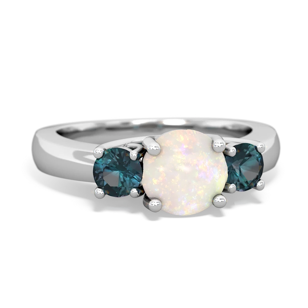 Opal Alexandrite Three Stone Round Trellis ring 14K White Gold JewelsForMe