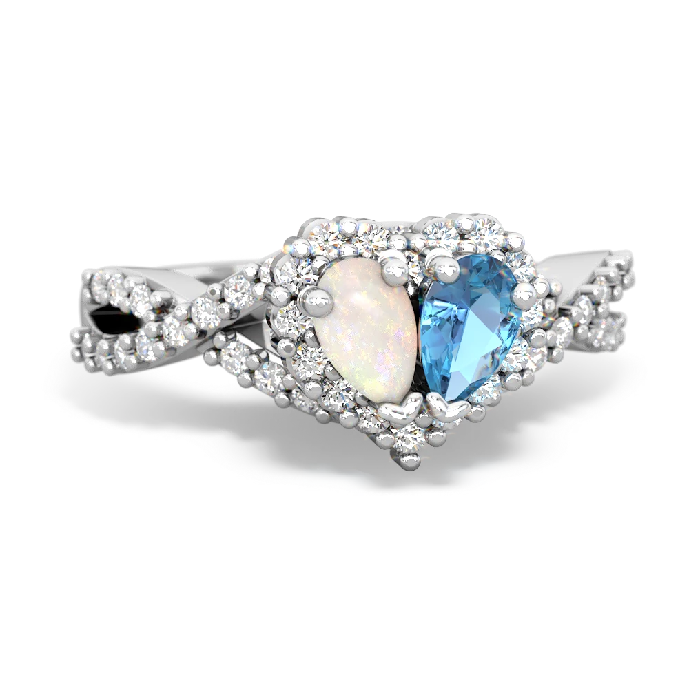 Opal Blue Topaz Diamond Twist One Heart ring 14K White Gold JewelsForMe
