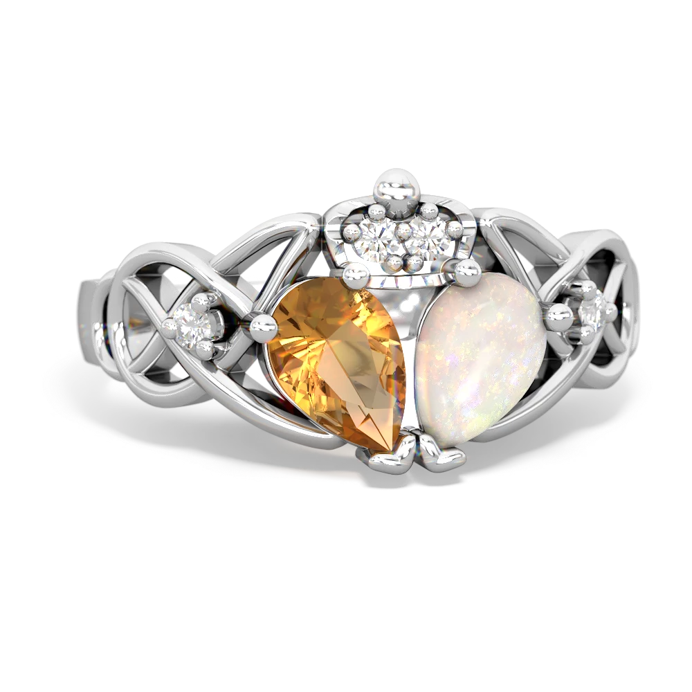 Opal 'One Heart' Celtic Knot Claddagh 14K White Gold ring R5322