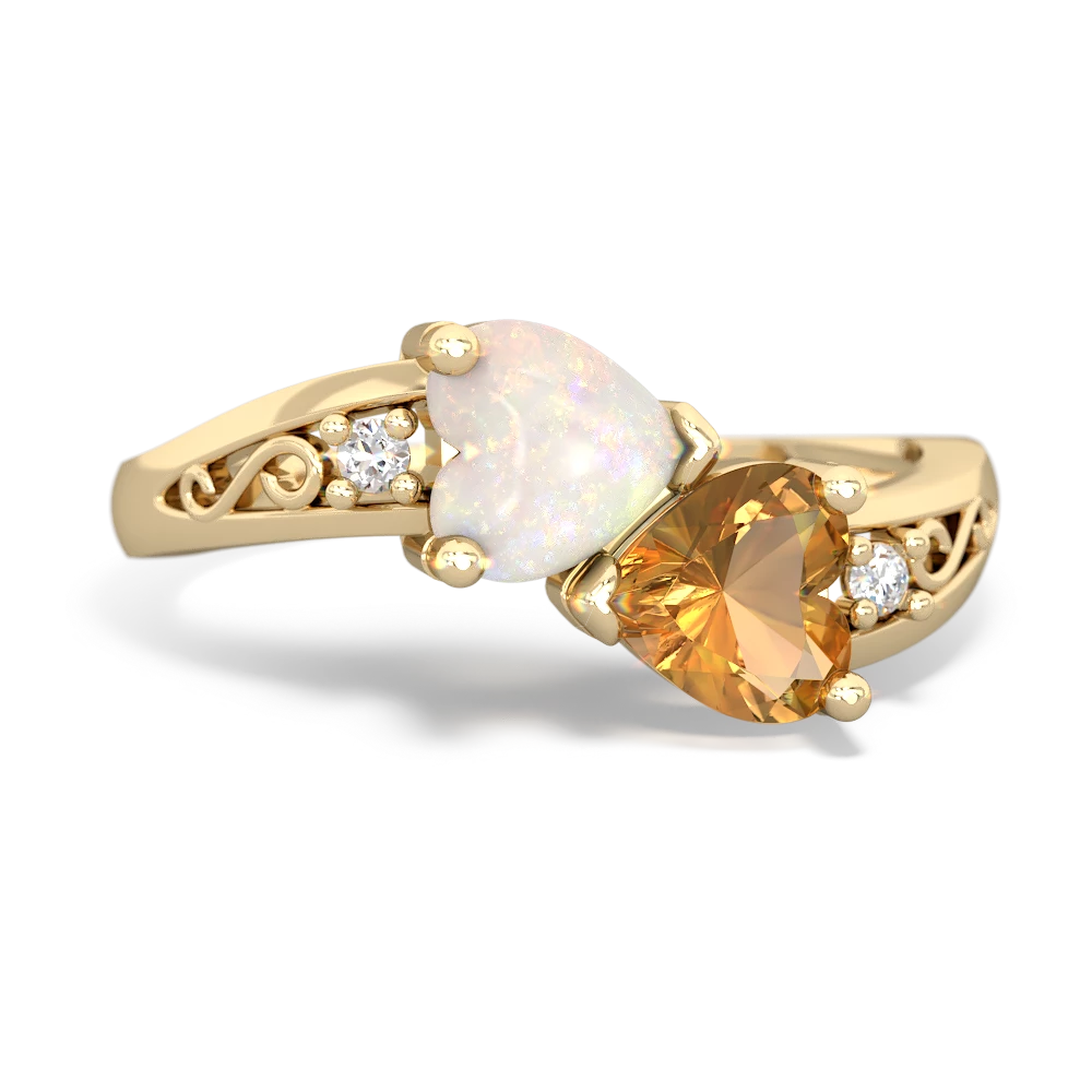 Opal Snuggling Hearts 14K Yellow Gold ring R2178