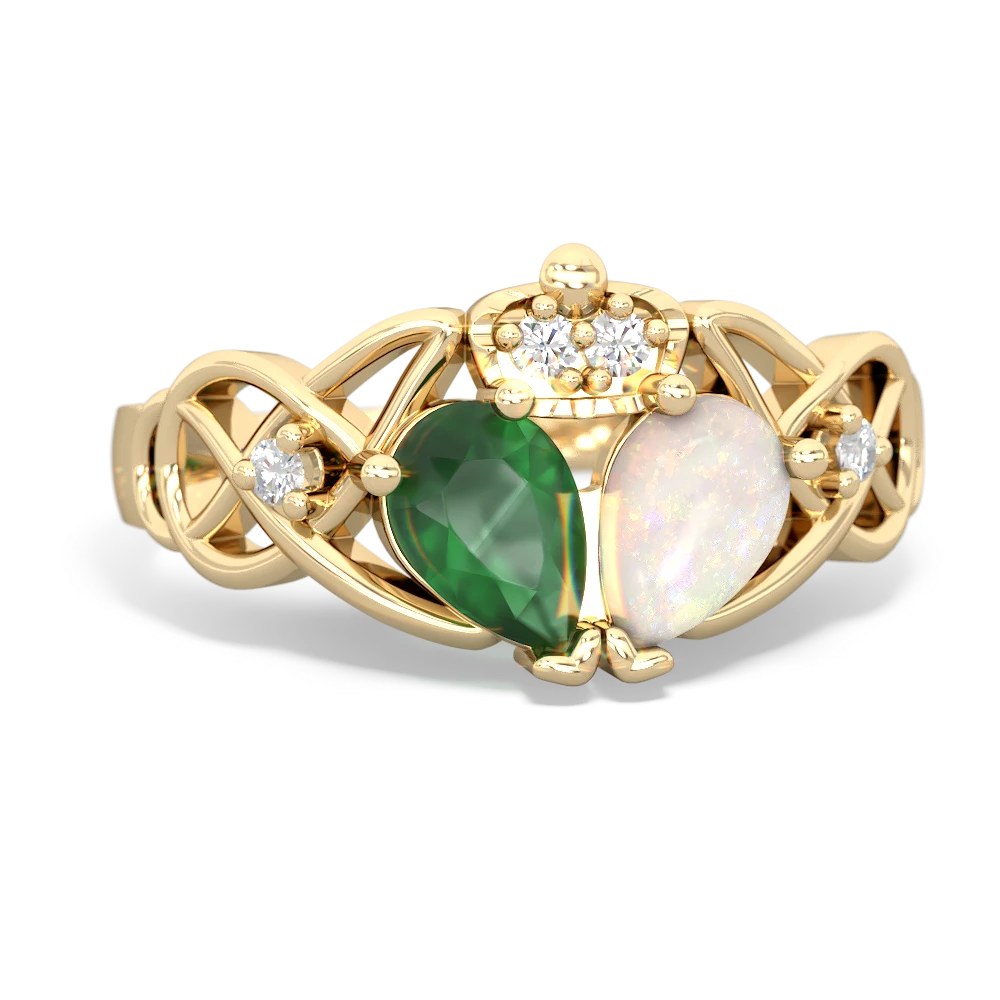 Opal 'One Heart' Celtic Knot Claddagh 14K Yellow Gold ring R5322