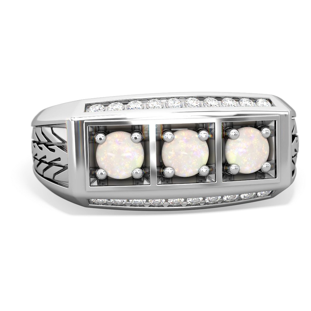 Jade Three Stone Tire Tread Men's 14K White Gold ring R0520