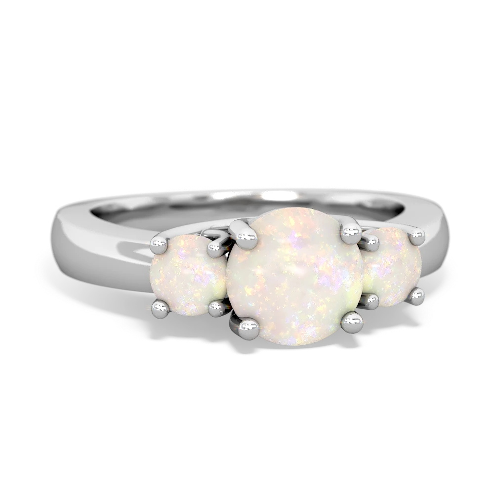 Lab Sapphire Three Stone Round Trellis 14K White Gold ring R4018