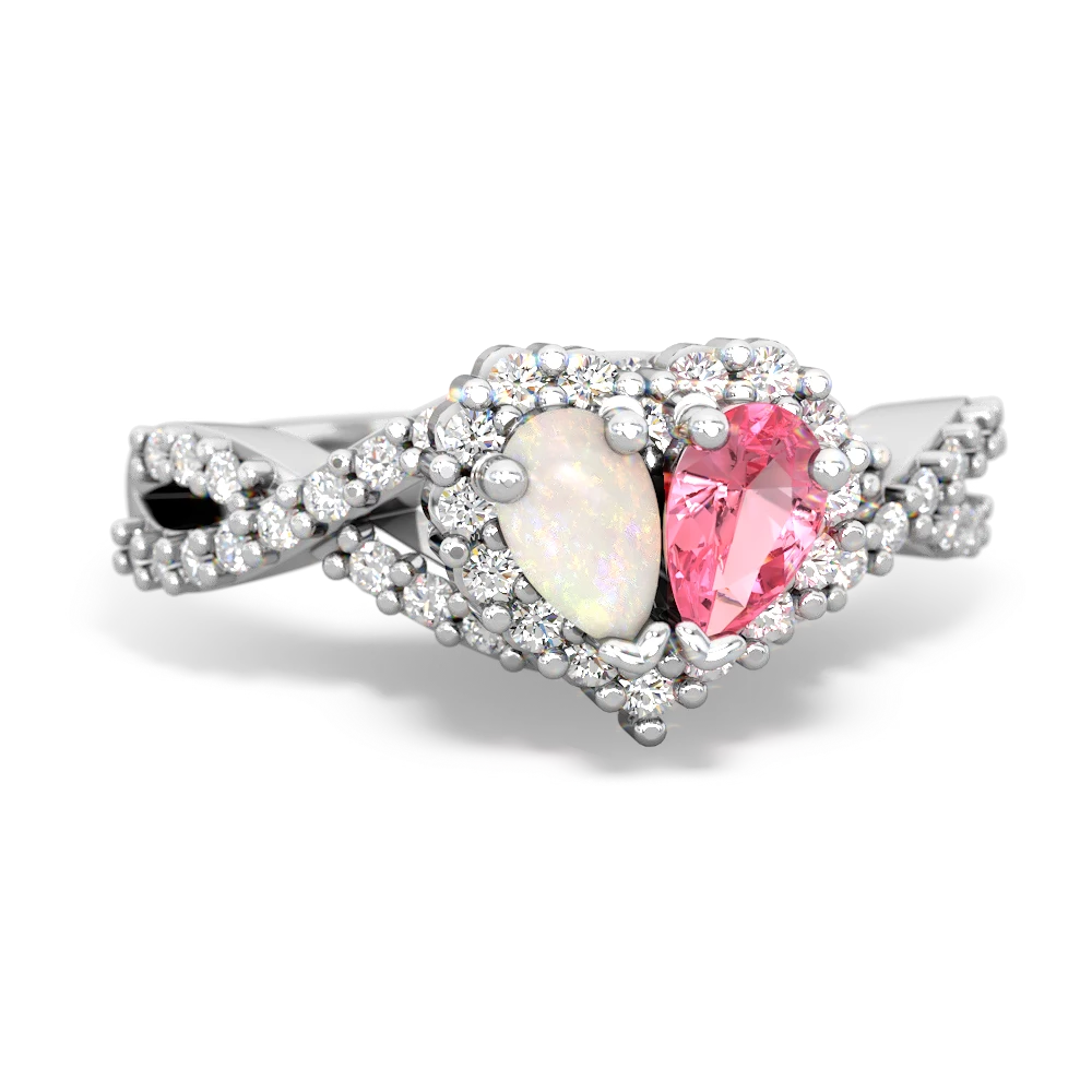 14K White Gold Opal with Lab Pink Sapphire Diamond Twist 'One Heart' Ring