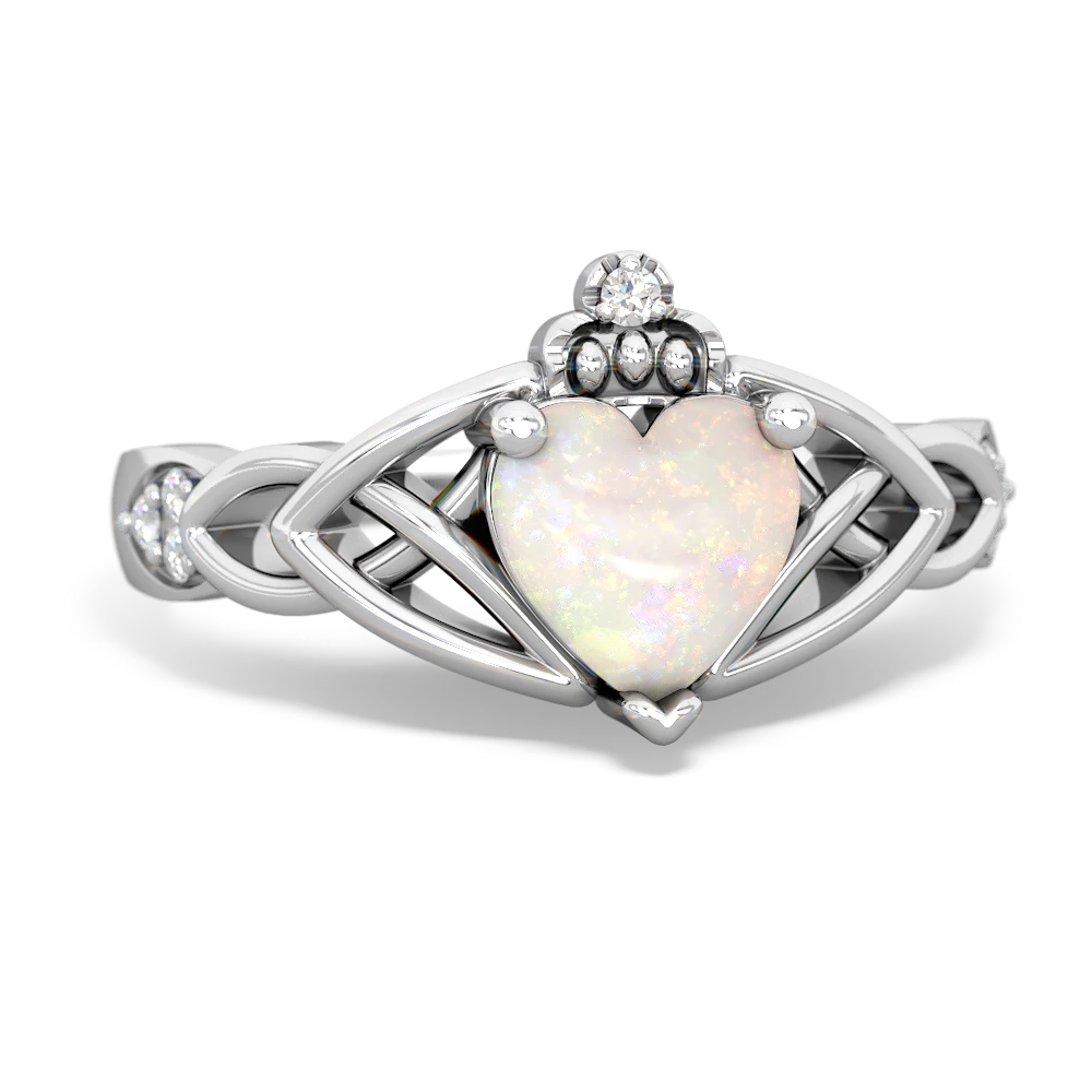 Opal Claddagh Celtic Knot Diamond 14K White Gold ring R5001