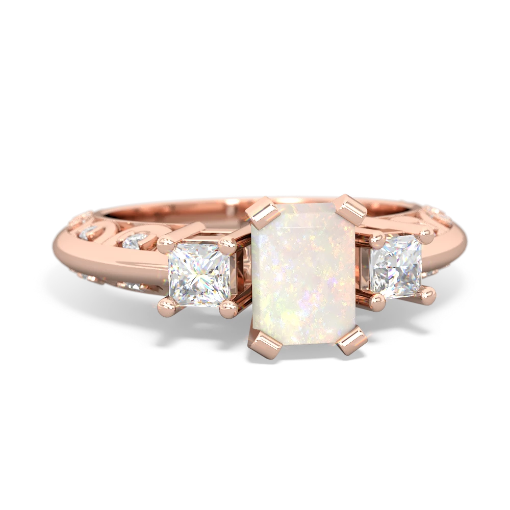 Opal Art Deco Diamond 7X5 Emerald-Cut Engagement 14K Rose Gold ring R20017EM