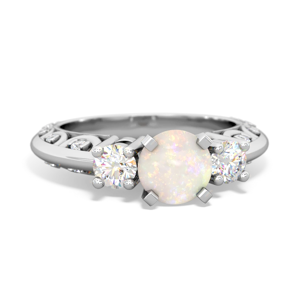 Opal Art Deco Diamond 6Mm Round Engagment 14K White Gold ring R2003