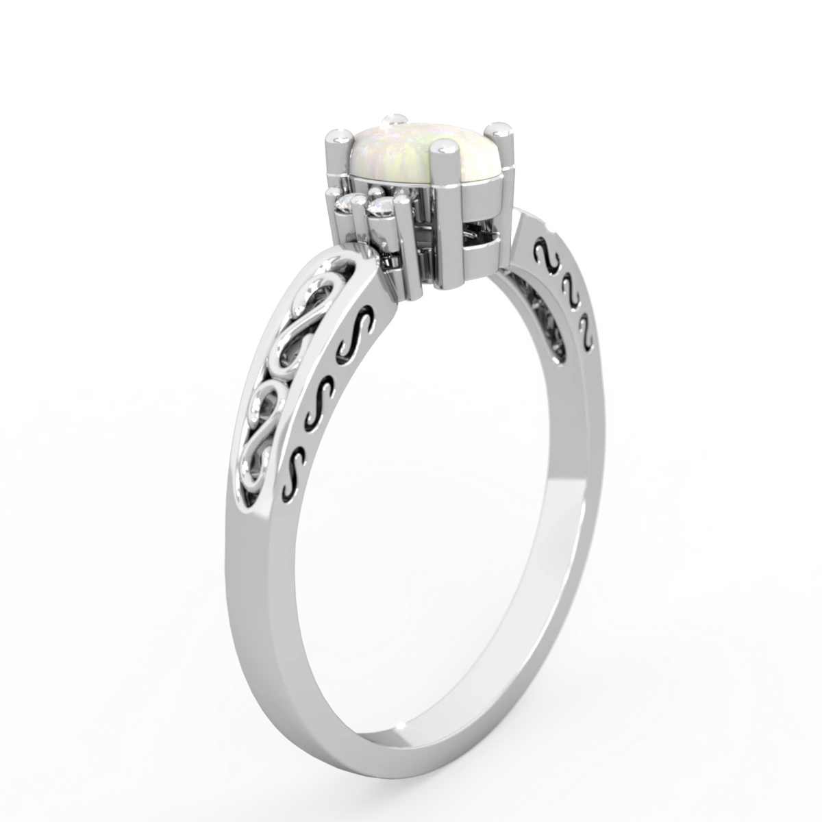 Opal Filligree Scroll Oval 14K White Gold ring R0812