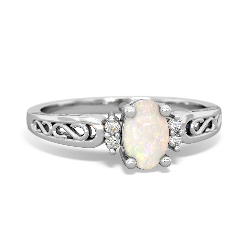 Opal Filligree Scroll Oval 14K White Gold ring R0812