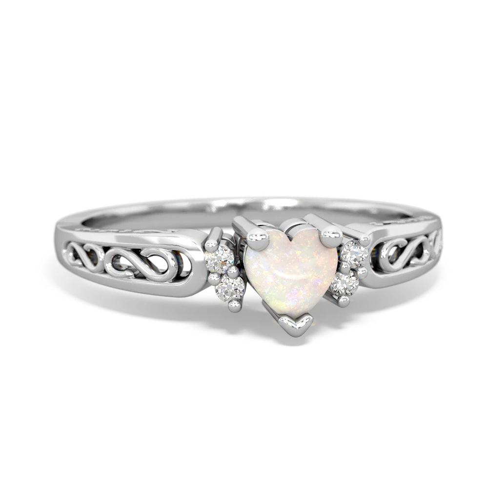 Opal Filligree Scroll Heart 14K White Gold ring R2429