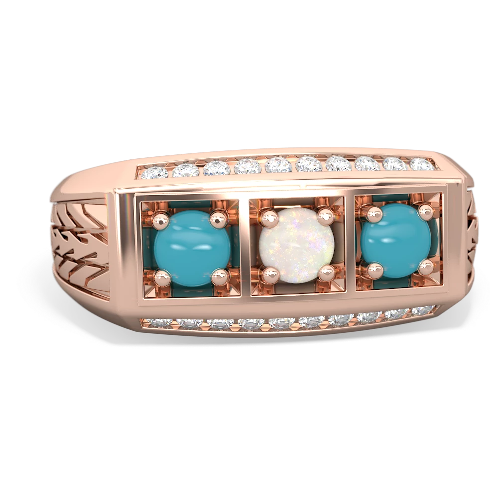 Opal Three Stone Tire Tread Men's 14K Rose Gold ring R0520