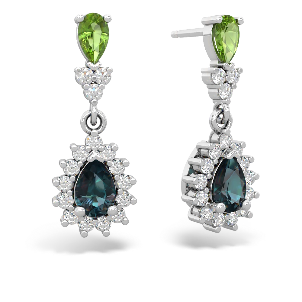 Peridot Halo Pear Dangle 14K White Gold earrings E1882