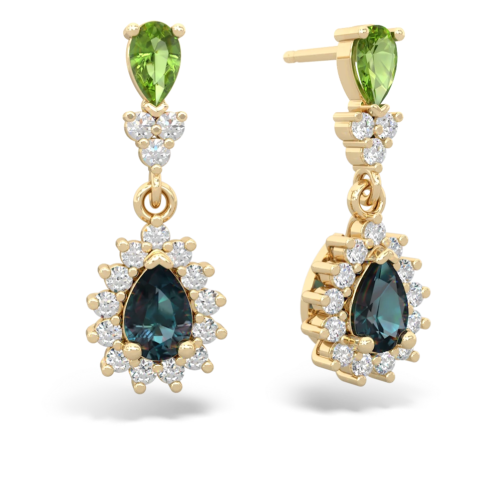 Peridot Halo Pear Dangle 14K Yellow Gold earrings E1882