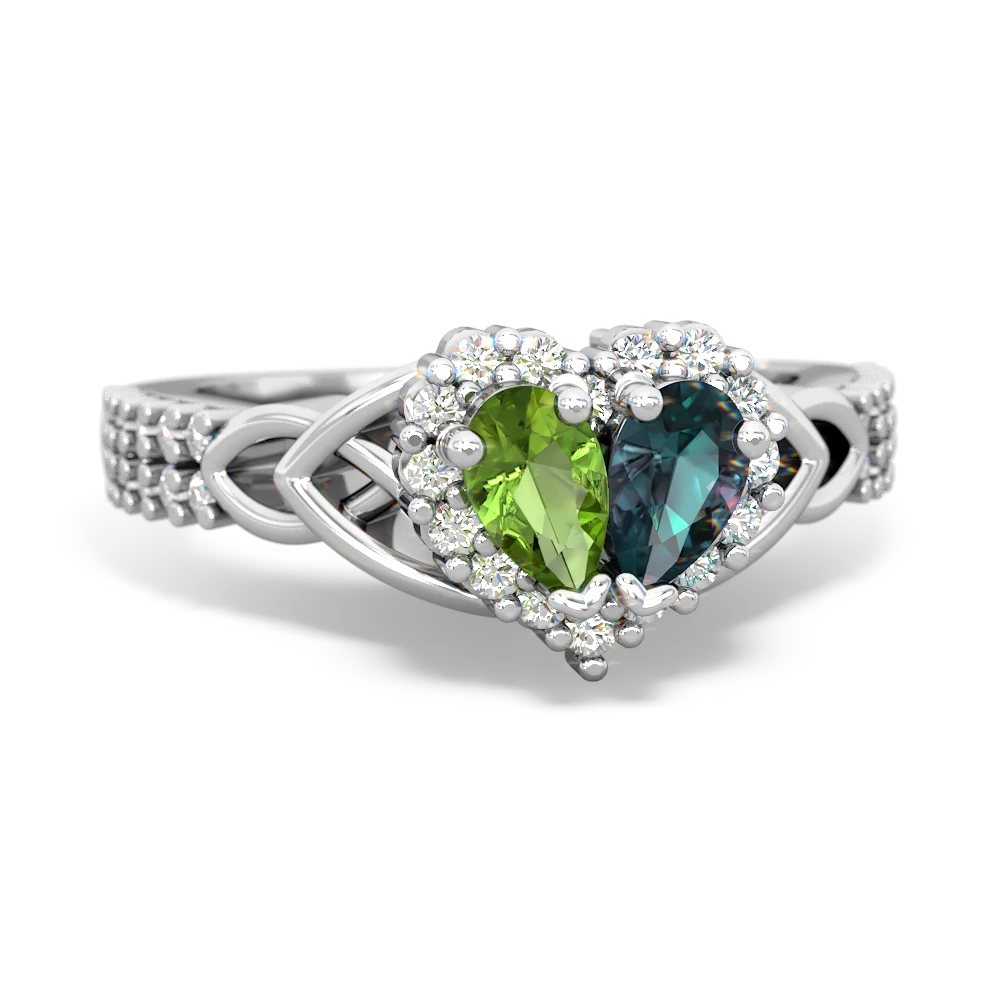 Peridot Celtic Knot Two Hearts As One 14K White Gold ring R2644HRT