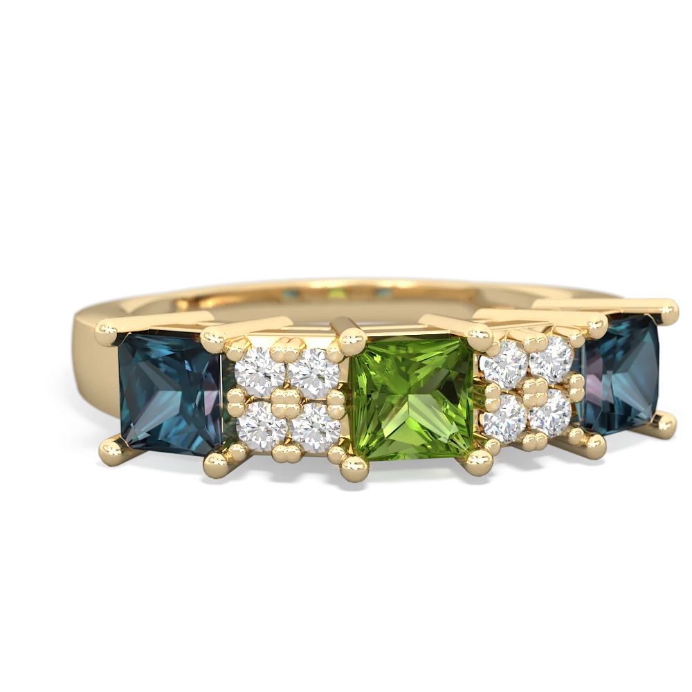 Peridot Three Stone Diamond Cluster 14K Yellow Gold ring R2592