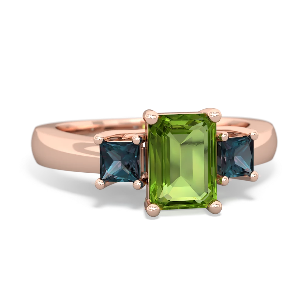 Peridot Three Stone Emerald-Cut Trellis 14K Rose Gold ring R4021