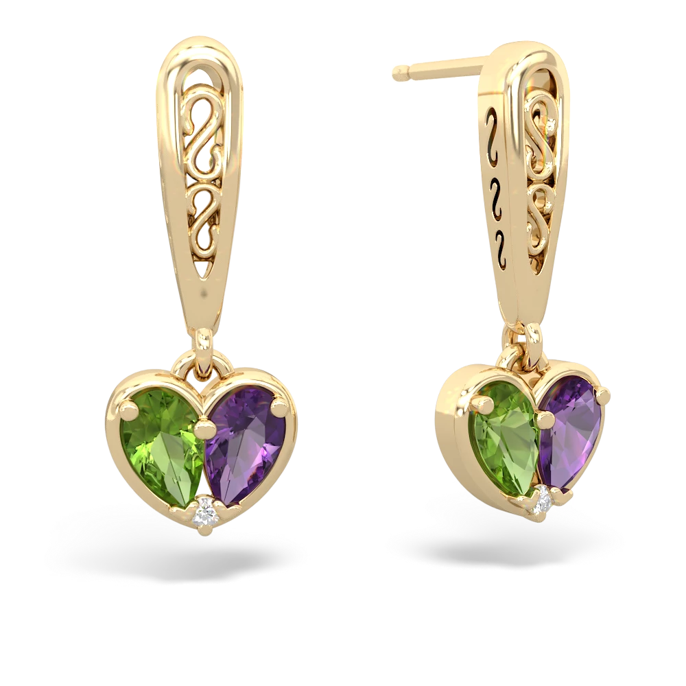 Peridot Filligree Heart 14K Yellow Gold earrings E5070