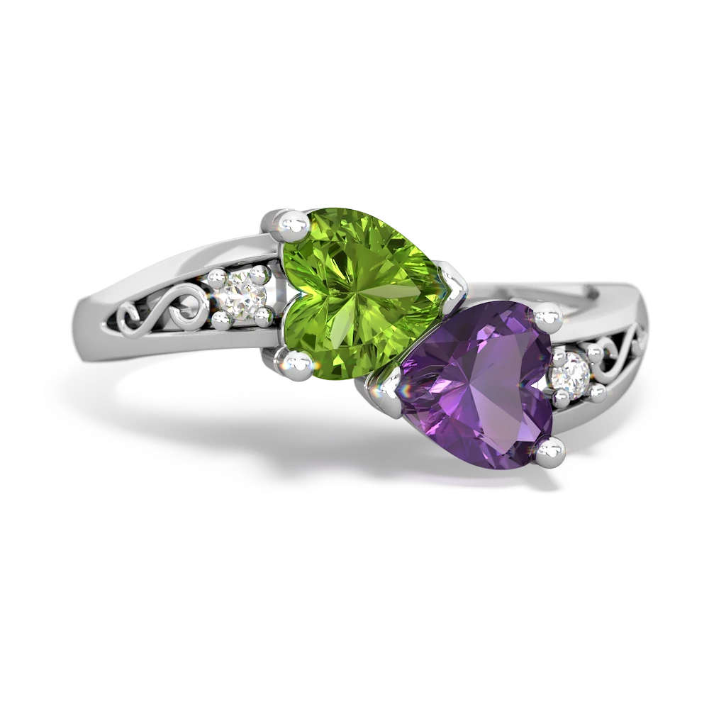 Peridot Snuggling Hearts 14K White Gold ring R2178