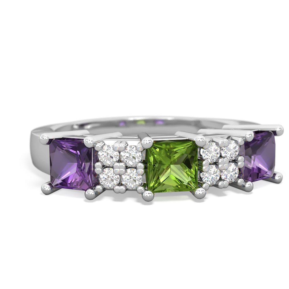 Peridot Three Stone Diamond Cluster 14K White Gold ring R2592