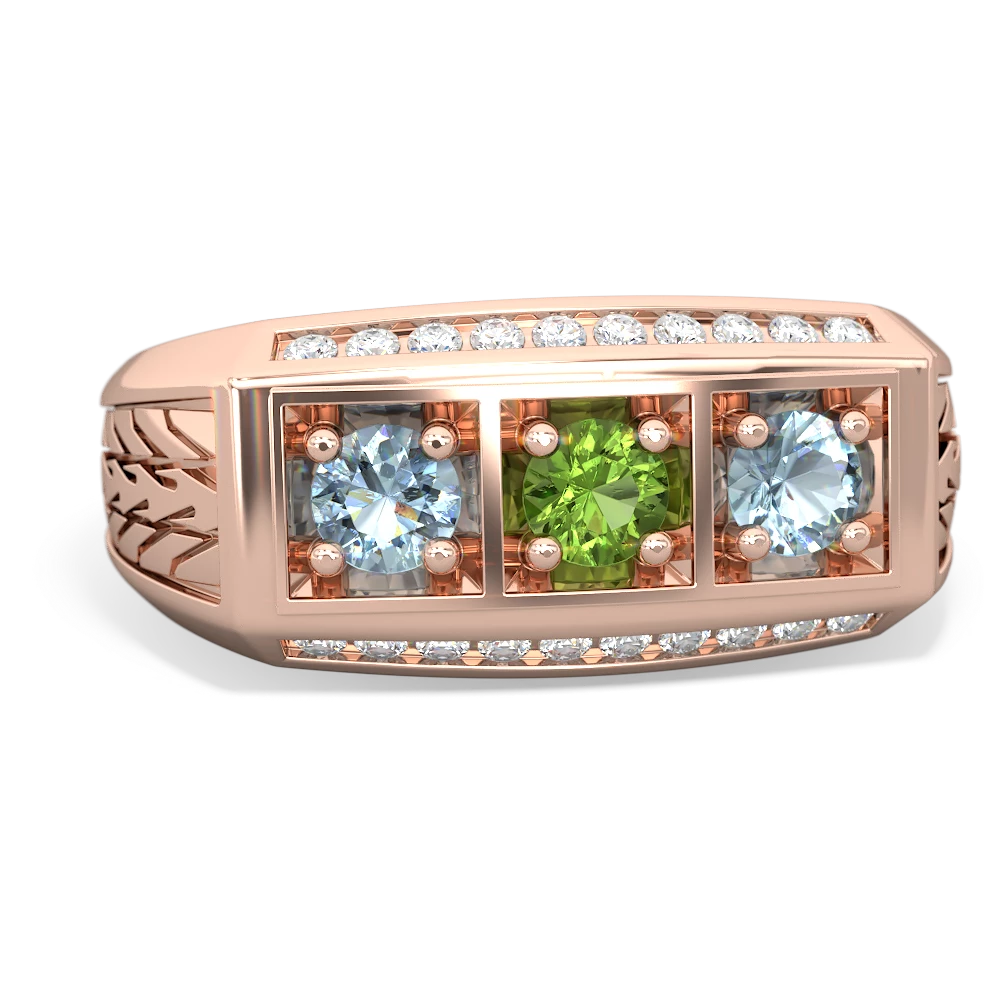 Peridot Three Stone Tire Tread Men's 14K Rose Gold ring R0520