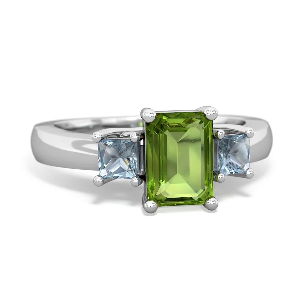 Peridot Three Stone Emerald-Cut Trellis 14K White Gold ring R4021