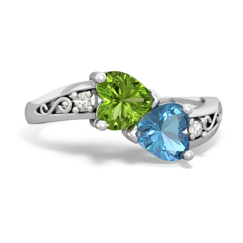Peridot Snuggling Hearts 14K White Gold ring R2178