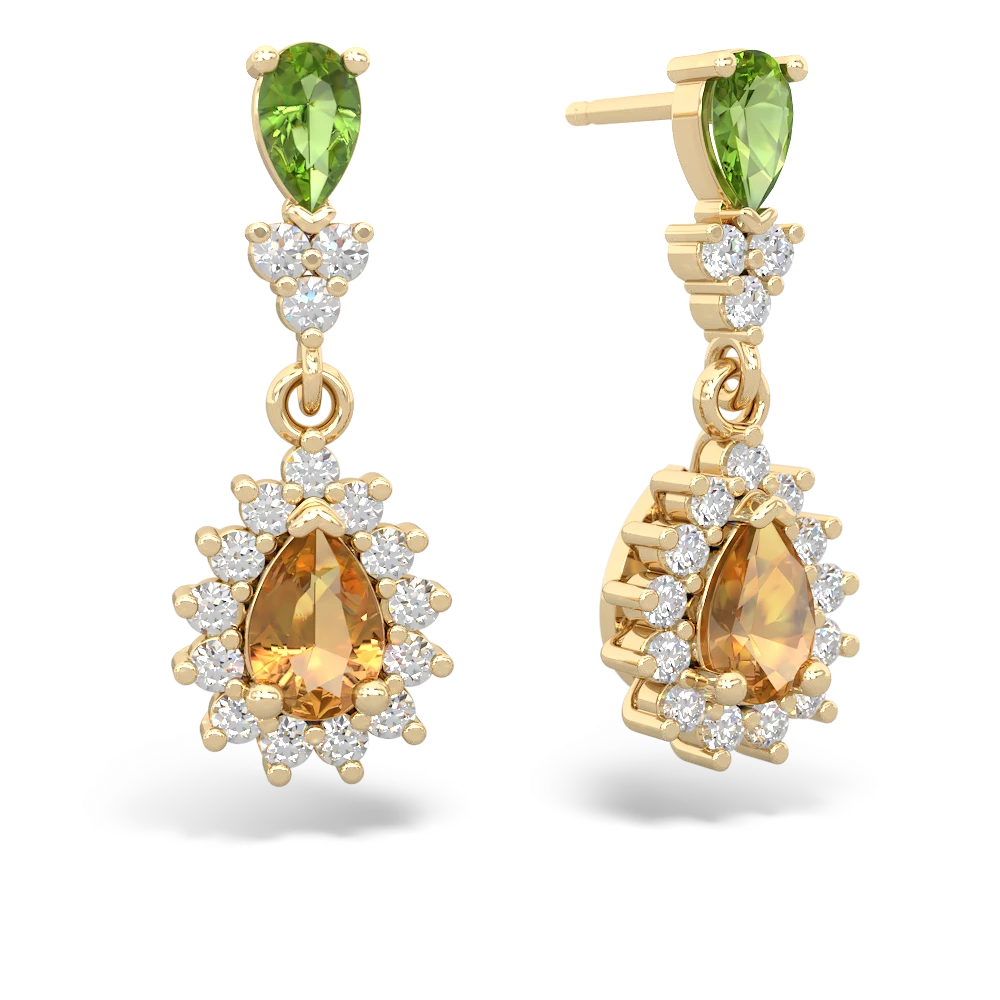 Peridot Halo Pear Dangle 14K Yellow Gold earrings E1882