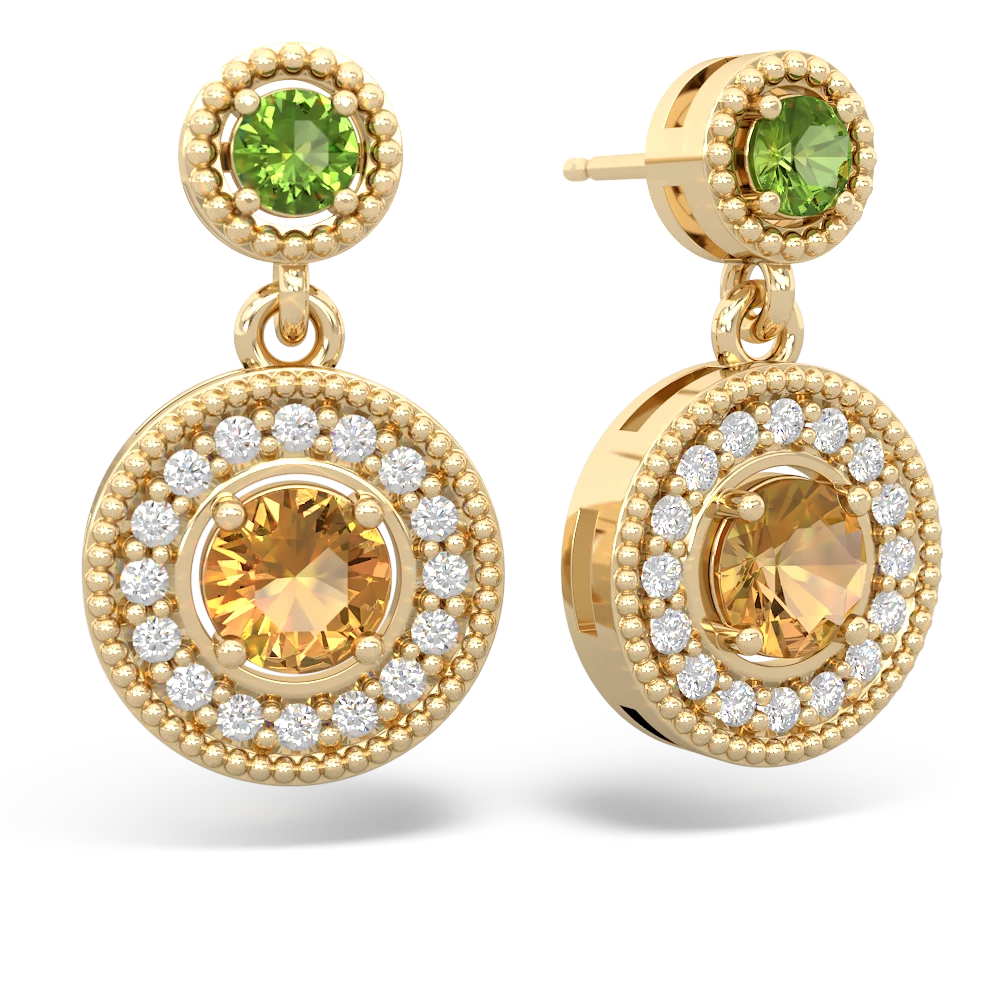 Peridot Halo Dangle 14K Yellow Gold earrings E5319
